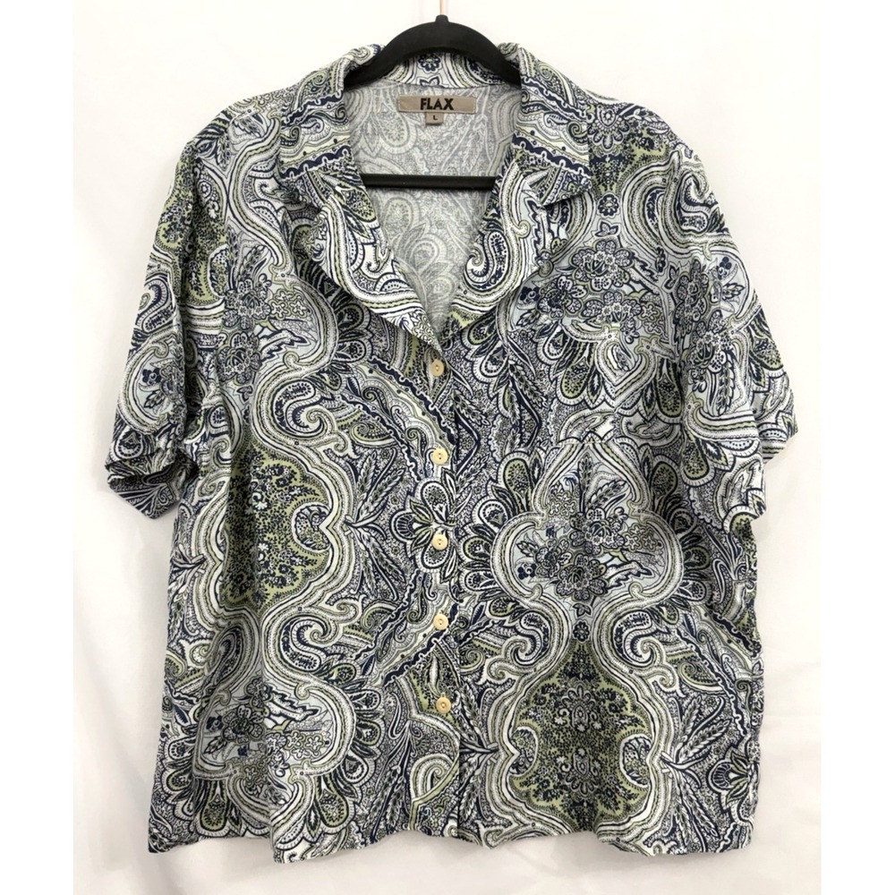 Flax 100% Linen Blue Green Paisley Floral Short Sleeve Button Front Top Womens L